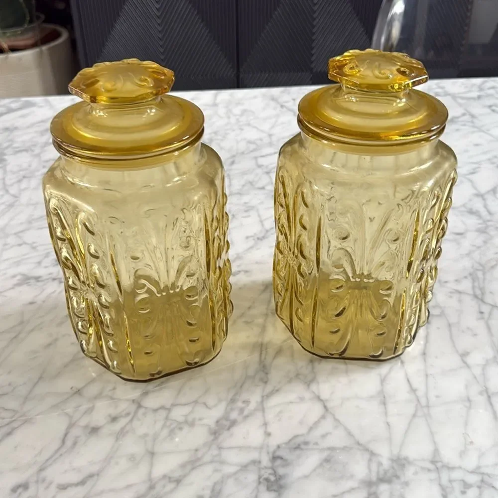 Vintage L.E. Smith Atterbury Scroll glass canister jar X2 apothecary